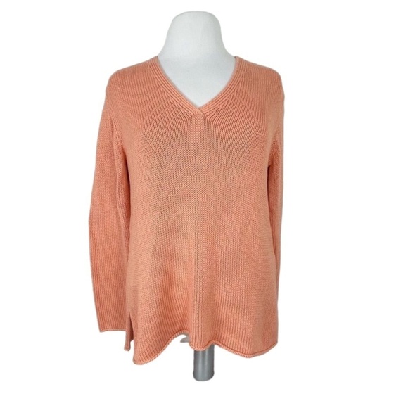 Eileen Fisher Crochet Chunky Knit Sweater V-Neck Peach Cotton Pullover Medium - Picture 1 of 9